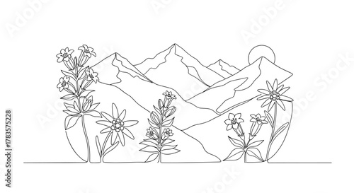 Continuous one-line drawing of a majestic mountain landscape with iconic Alpine flowers, including Edelweiss and gentians, set against a rising sun, symbolizing nature's beauty and resilience in a