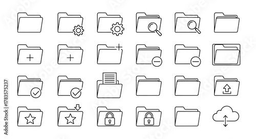 Computer folder line icon pack, outline signs for graphic and web design, apps, adverts, various cards, vector cartoon illustration with a white background. Set of icons representing file management