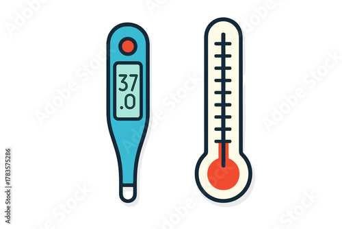 Digital and traditional medical thermometers showing temperature measurement tools
