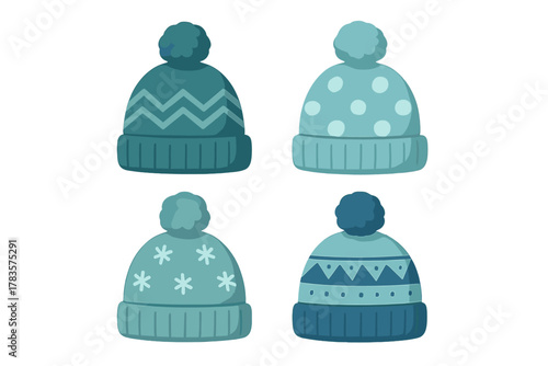 Collection of four cozy knitted winter hats with pom-poms featuring various geometric and snowflake patterns in shades of blue and teal