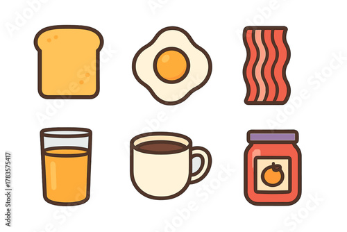 Set of essential morning meal items including toast, fried egg, bacon, orange juice, and coffee