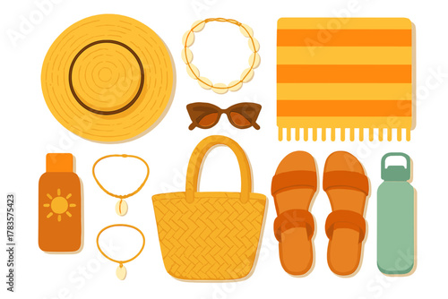 Essential summer beach accessories set including straw hat, sunglasses, towel, sandals, and sunscreen