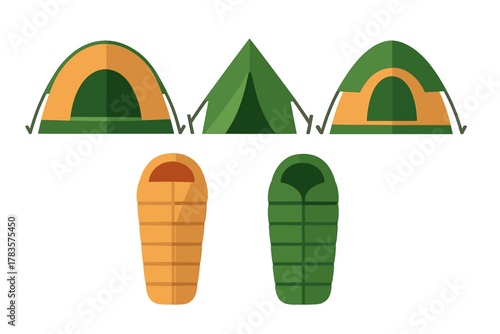Set of outdoor camping equipment including tents and sleeping bags for hiking and adventure