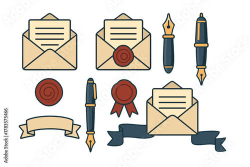 Vintage correspondence icons featuring envelopes, fountain pens, wax seals, and decorative ribbons
