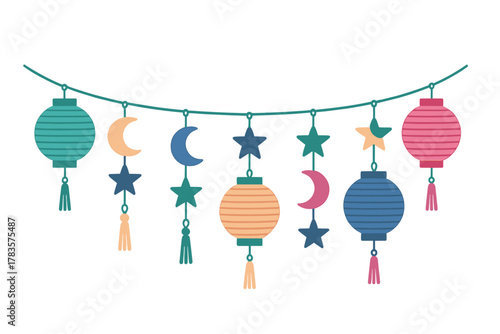 Colorful hanging garland with traditional paper lanterns, crescent moons, and stars decoration for celebration