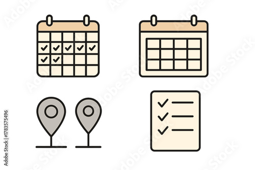 Collection of essential business and planning icons: calendar, checklist, location pins, and markers for scheduling