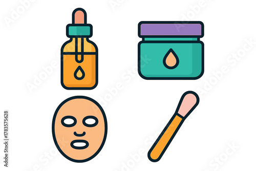 Colorful cosmetic product set featuring serum, cream jar, face mask, and applicator brush