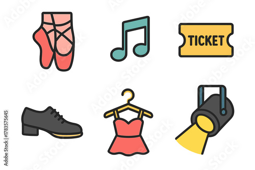 Set of colorful flat design elements for theater, dance, music, and performing arts