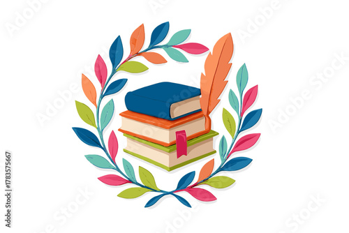 Colorful stack of textbooks, quill pen, and laurel wreath symbolizing education and literature