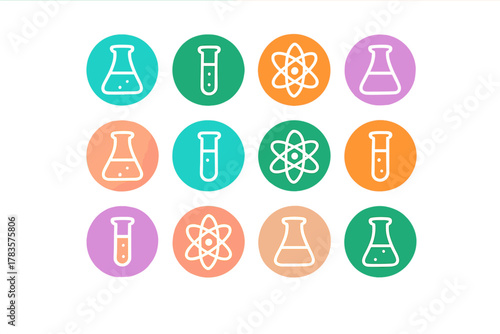 Colorful collection of science and chemistry laboratory equipment including flasks, test tubes, and atomic symbols
