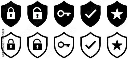 Security shield icons set with lock, key, check mark, and star symbols for protection and privacy. Security shield icon set. Lock and key shield icons. shield, security, protect, vector, icon