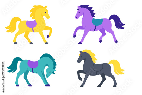Set of four stylized horses in vibrant colors and dynamic poses with saddles