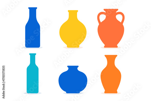 Collection of modern and classical decorative vessels, bottles, and amphorae in vibrant primary colors