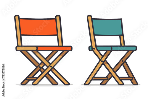Pair of colorful portable folding chairs with wooden frames and fabric seats