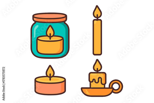 Assortment of glowing candles in various styles such as jar, pillar, and tea light