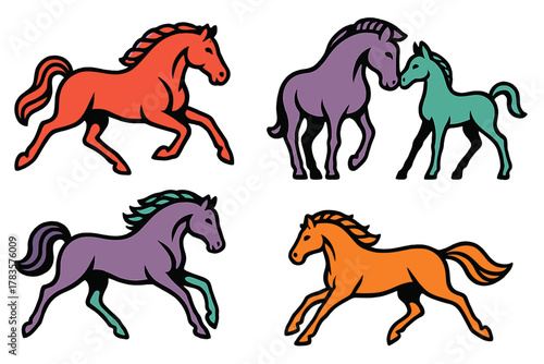 Colorful stylized horses galloping and standing in various poses
