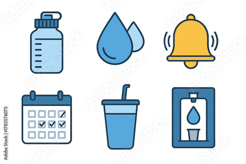Colorful icons set for daily hydration tracking, water consumption, and reminder systems