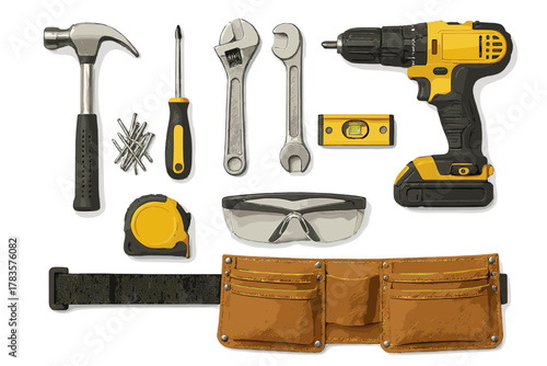 Collection of essential construction and DIY repair tools isolated on a clean white background