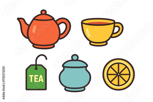 Colorful collection of tea time essentials: teapot, teacup, sugar bowl, tea bag, and lemon icons