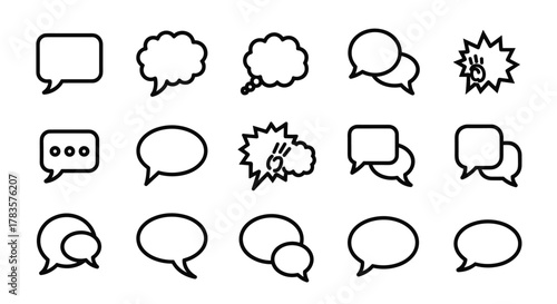 Modern outline style speech bubble icons for design, cards, apps, and social networks. This vector cartoon illustration features an ordered set of diverse chat bubbles on a white background, perfect