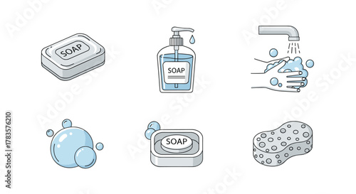 Set of minimalistic cartoon icons representing hygiene and cleanliness: bar of soap, liquid soap dispenser, hands washing under running water with foam, soap dish with bar soap, bubbles, and a