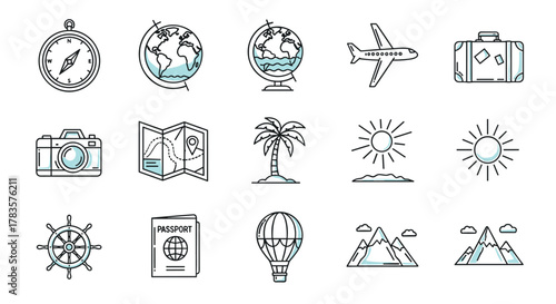Set of travel and journey related line icons, including compass, globe, airplane, suitcase, camera, map, palm tree, sun, ship wheel, passport, hot air balloon, and mountains, perfect for graphic and