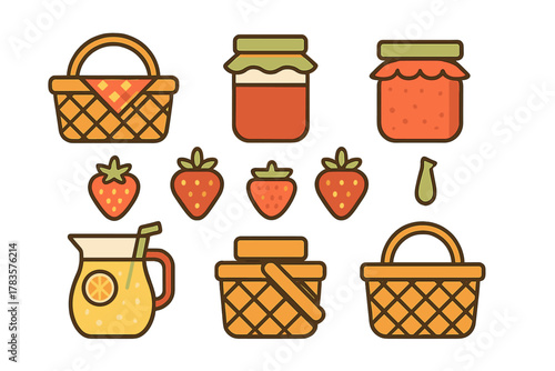Collection of picnic essentials including wicker baskets, strawberry jam jars, fresh strawberries, and lemonade pitcher