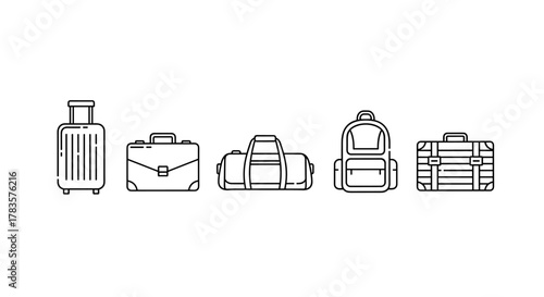 A minimalist line icon set featuring a collection of travel and business bags, including a rolling suitcase, a classic briefcase, a duffel bag, a backpack, and a vintage suitcase, presented on a
