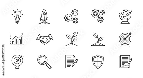 Startup and Development Vector Icon Set: A collection of clean, line-art icons representing business growth, innovation, and success, perfect for presentations, websites, and digital projects.