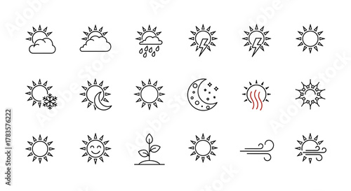 Collection of thin line icons representing various weather conditions and natural phenomena, including sun, clouds, rain, snow, lightning, moon, stars, wind, and plant growth, suitable for web