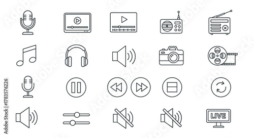 A comprehensive set of line-style web icons representing audio and video elements, perfect for web and mobile applications, including podcasting, video media players, radio, music notes, microphones