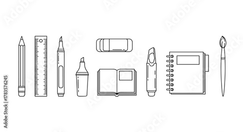 A minimalist line icon set featuring essential drawing and art supplies, including a pencil, ruler, eraser, liner marker, highlighter, open sketchbook, spiral notebook, and paintbrush, presented in