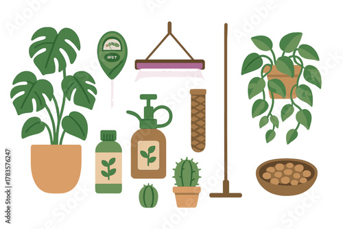 Essential houseplant care set with potted tropical plants, soil meter, fertilizer, and grow lamp