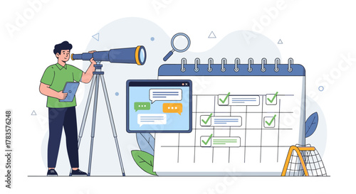 A man with a telescope and tablet stands near a calendar with completed tasks and a chat window, symbolizing teamwork, productivity, task management, planning, and achieving goals with a