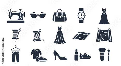 Fashion and Beauty Icon Set: A Comprehensive Collection Featuring Tailoring Essentials, Stylish Accessories, Elegant Dresses, Sewing Supplies, Fabric Swatches, Apparel, Footwear, and Makeup Tools