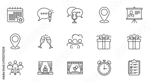 A collection of clean, modern outline icons representing event planning and organization, featuring a calendar with a star, microphones, location pins, presentation board, champagne glasses, gift