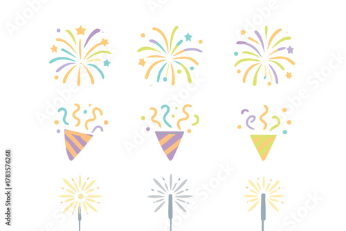 Set of festive icons featuring bright fireworks, exploding confetti poppers, and glowing handheld sparklers