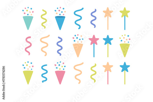 Vibrant collection of party celebration elements including confetti poppers streamers and star wands