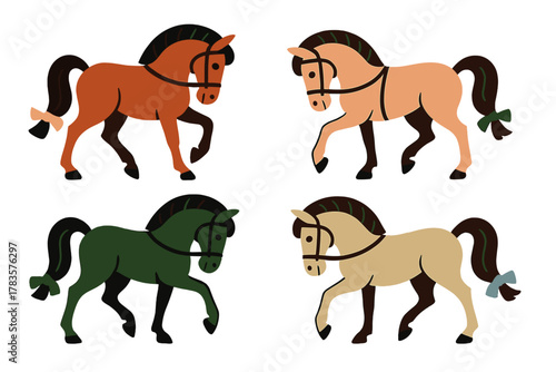 Four stylized horses walking or trotting with bridles and decorative bows