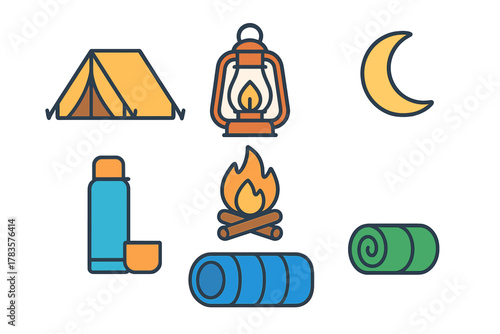 Essential gear for camping and hiking including tent, lantern, campfire, and sleeping bags
