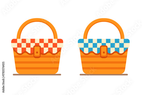 Two orange wicker picnic baskets with checkered cloth tops isolated on white background