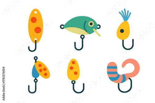 Collection of colorful fishing lures and hooks used for angling and sport fishing