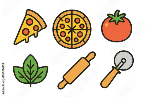 Colorful flat design icons representing essential pizza ingredients and cooking utensils