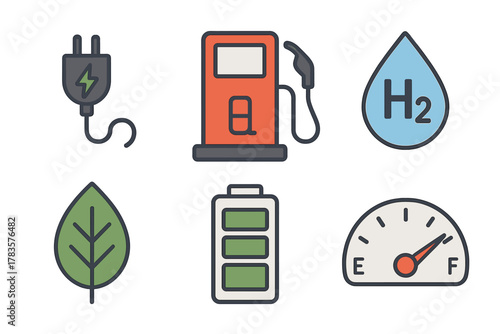 Set of icons showing sustainable energy sources and vehicle power options like electric, hydrogen, and gasoline