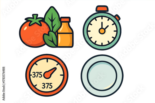 Set of cooking and kitchen preparation icons featuring fresh ingredients, timer, and oven gauge