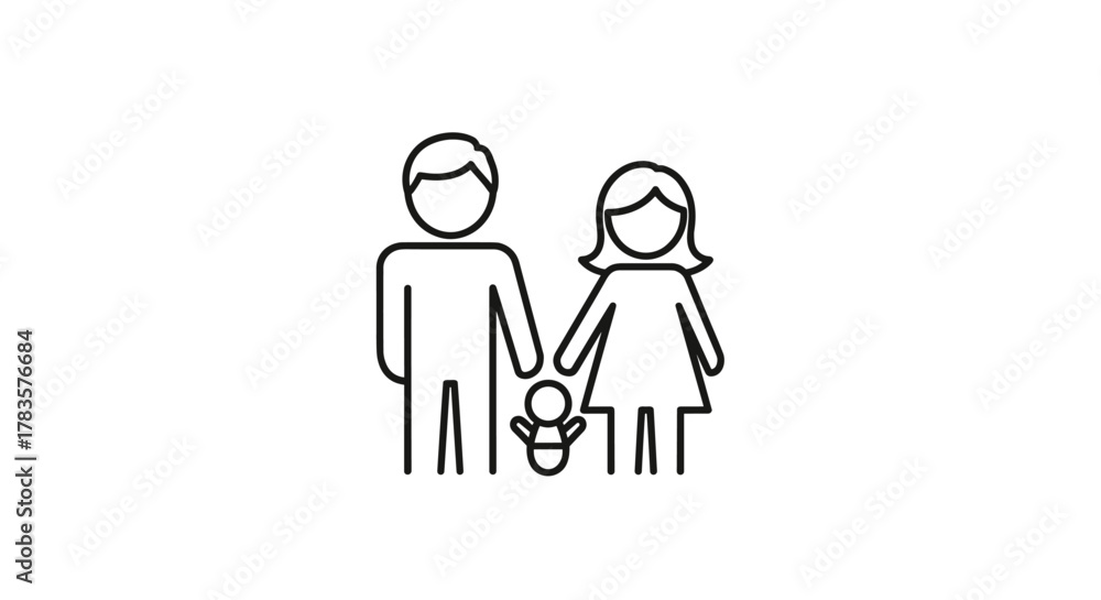 Obraz premium Simple linear illustration of a family icon, featuring parents holding hands with a baby between them, symbolizing unity and togetherness. This clean vector graphic is perfect for apps, websites, and