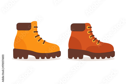 Pair of rugged outdoor hiking boots in bright orange and reddish-brown colors for trekking and adventure