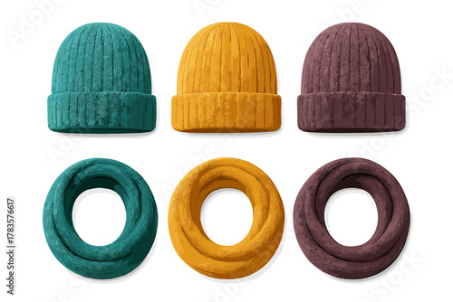 Colorful knitted winter accessories collection featuring ribbed beanie hats and matching neck warmers