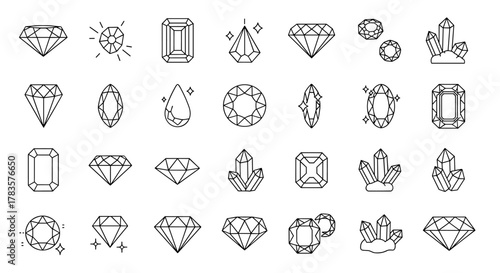 A diverse collection of line icons representing various diamonds and crystals, meticulously drawn with thin lines, perfect for enhancing apps, websites, banners, infographics, and a wide array of