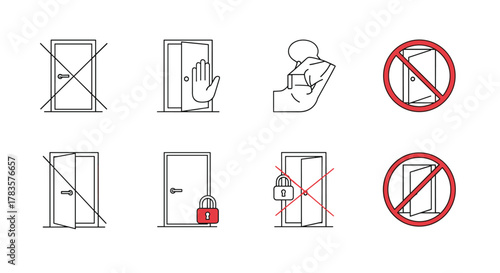 Set of vector line icons depicting various door-related prohibitions and actions, including closed doors with 'X' marks, doors being pushed open with a hand, a person carrying a box, and doors with